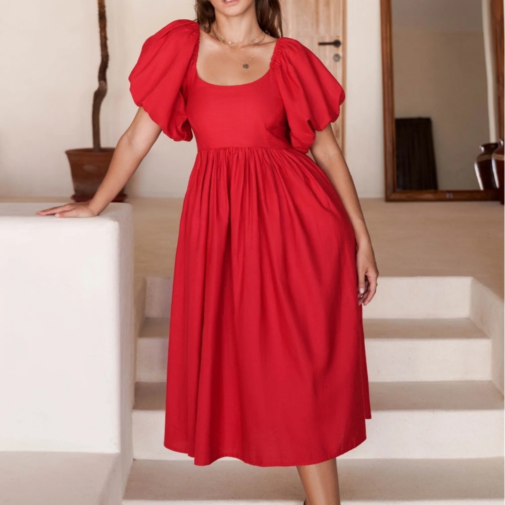 Bali Elf Cherie Dress Elegant Red Puff Sleeve Dress